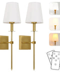 Battery Operated Wall Sconce Set Of Two With Remote Control, No Wiring Required, gold finish, dimmable LED bulbs, front view.