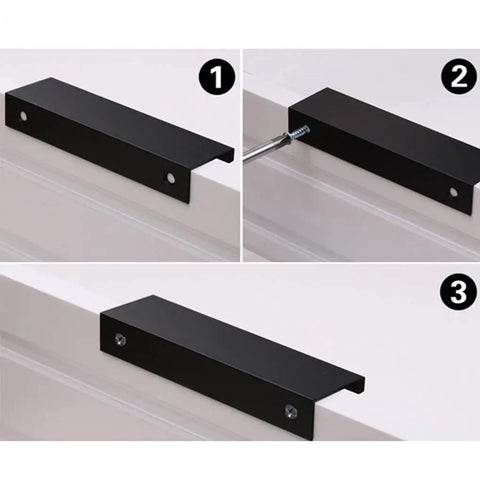 Edge Finger Pulls 2 Pack Hidden Cabinet Handles installation steps on a drawer, showing aluminum alloy knobs on a white surface.