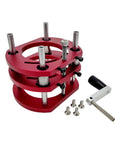 Built Like A Tank Premium Aluminum Router Lift For Table Mount With Rust Resistant Stainless Steel Body and Pain Free Install Fits 64 To 66 Millimeter Trimmers A Straight Up Woodshop Upgrade in red with metal components.