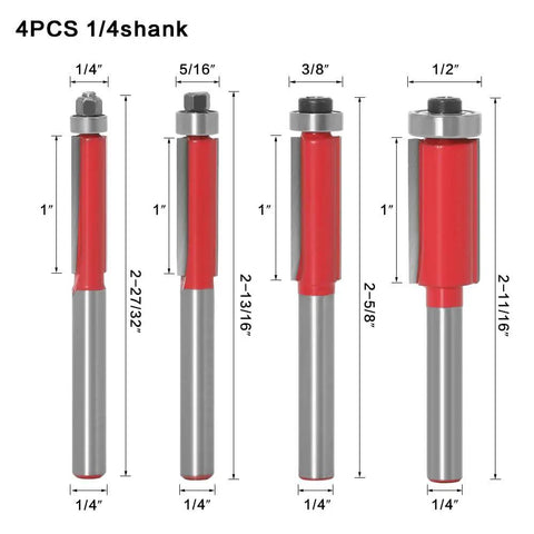 4 Piece Tungsten Carbide Flush Trim Router Bit Set With Top Bearing And Quarter Inch Shank For No Sweat Woodworking Trimming Tight Precision Edge Cutting Boss Grade Pro Shop Essential