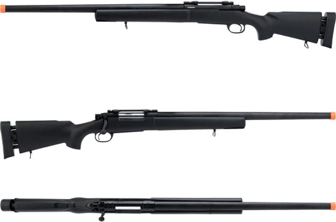 Mil-Inspired M24 Style Airsoft Scout Rifle With Realistic Cycling Action, Elite Series Black Finish, side and top views