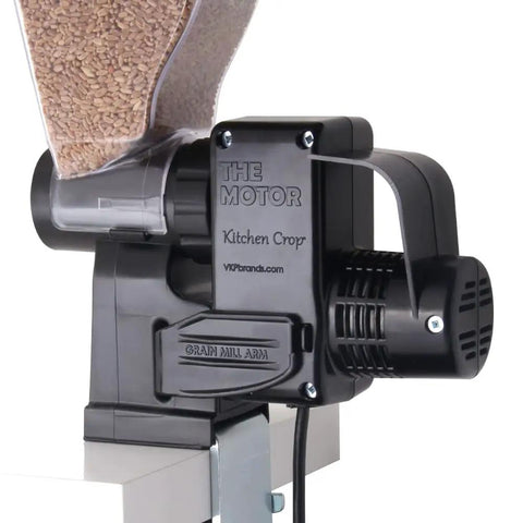 Heavy Duty Motor For Food Strainer And Grain Mill With All Metal Gears Tool Free Attachment visible with grain hopper.