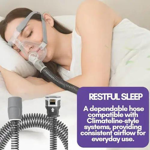Woman sleeping with Climate Line Air Tube for AirSense 11 and AirCurve 11, displaying 6 foot S11 hose in use for CPAP therapy.