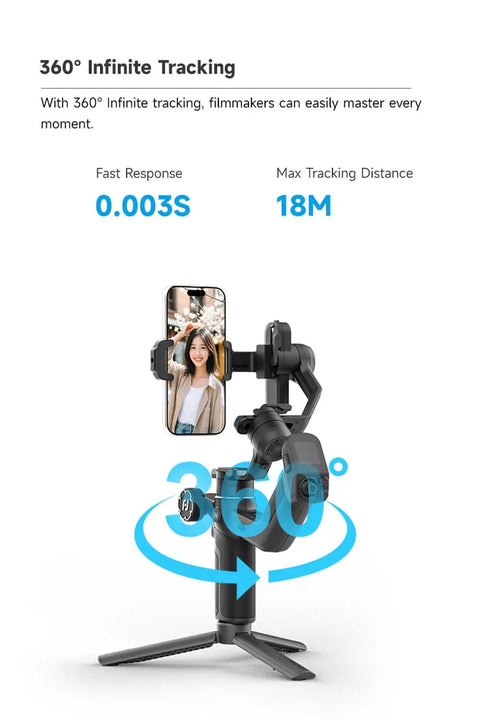 Scorp Mini 3 Gimbal Stabilizer For Smartphones With AI Tracking, displaying 360-degree infinite tracking capability with phone attached.