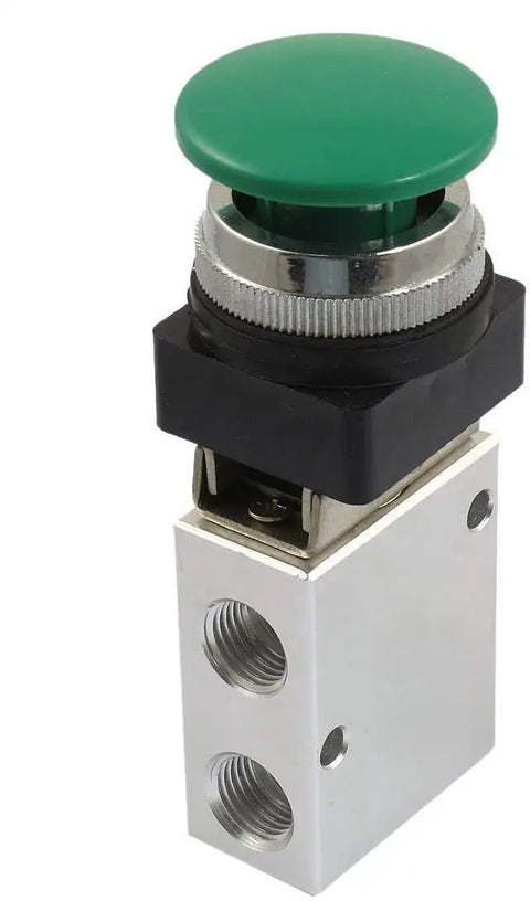Green Momentary Mushroom Push Button 3 Way Pneumatic Valve With Two Position Manual Control For Pilots Or Diaphragms Of Bigger Valves One Quarter Inch NPT Thread 13mm Thread Air Pneumatic Mechanical Valve.