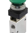 Close-up of Green Momentary Mushroom Push Button 3 Way Pneumatic Valve With Two Position Manual Control, 1/4 Inch NPT, 13mm thread.