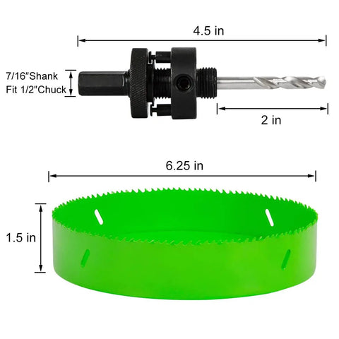 6-1/4 Inch Hole Saw With 6.25 Bit HSS Bi-Metal Cutter dimensions and parts labeled