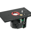 Precision Router Lift Table Engineered For Daily Shop Grind With Rugged Aluminum Alloy Frame Delivers Dead Nuts Precise Zero To Fifty Seven Millimeter Height Control For Electric Trimmers And Router Inserts - Black aluminum lift table with adjustment mechanisms.