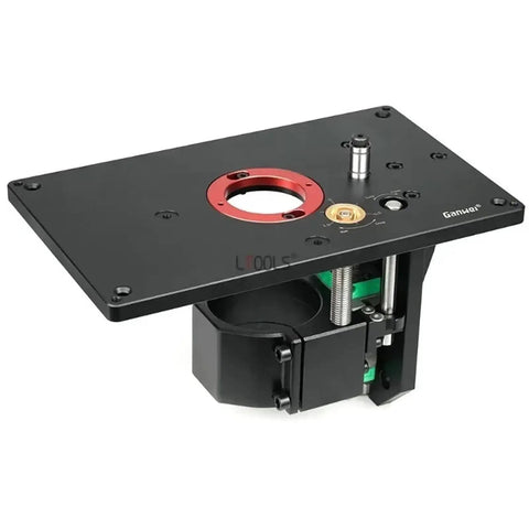 Precision Router Lift Table Engineered For Daily Shop Grind With Rugged Aluminum Alloy Frame Delivers Dead Nuts Precise Zero To Fifty Seven Millimeter Height Control For Electric Trimmers And Router Inserts - Black aluminum lift table with adjustment mechanisms.