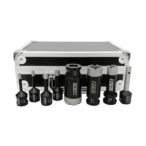 Diamond Core Drill Bit Set For Tiles And Stone - 8-piece kit with hex shank and M14 adapters in front of a carry case