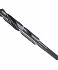 CoCud drill bit, side view, 37/64 in diameter, 3/8 in reduced shank, black HSS, 118-degree angle