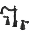 Heritage 8 Inch Widespread Lavatory Faucet With Brass Pop Up Dope Matte Black Finish For Modern Bathrooms Deck Mount 3 Hole Installation Six And One Half Inch Spout Reach One Point Two GPM, showing side view