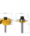 Top Notch 2 Piece Slot Cutter Router Bit Set With Stacked And Bearing Guided 3 Wing Cutters Comes In 8mm Or 12mm Shank Options For Smooth Precision Cuts Every Single Time, showing dimensions and design.