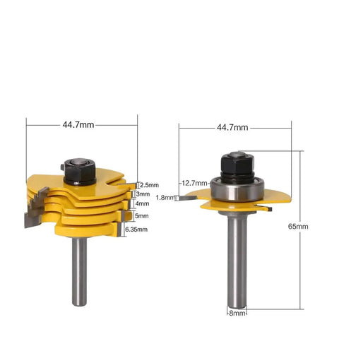 Top Notch 2 Piece Slot Cutter Router Bit Set With Stacked And Bearing Guided 3 Wing Cutters Comes In 8mm Or 12mm Shank Options For Smooth Precision Cuts Every Single Time, showing dimensions and design.