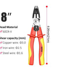 8-inch 1000V insulated multifunction pliers, 60CR-V steel, with wire cutter, stripper, crimper, for high voltage work