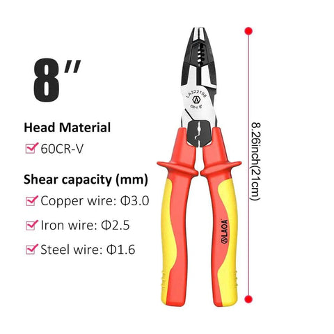 8-inch 1000V insulated multifunction pliers, 60CR-V steel, with wire cutter, stripper, crimper, for high voltage work