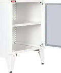 One Shelf Glass Door Storage Cabinet In Matte White For Home Office, 17.72 Inch Wide, Scratch Resistant Nano Coating, Safe Rear Cable Entry, Dust Guard Metal Cabinet To Keep Your Gear Organized And Cables Under Control with open door view