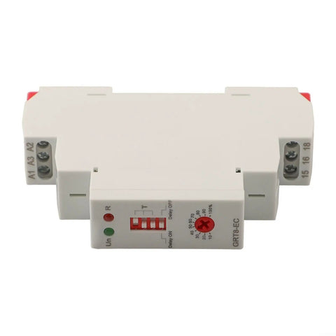Pro Grade Adjustable Time Relay For Automation Panels With Delay From 0.1 Seconds To 10 Days Dual 230 Volt AC And 24 Volt DC Input 10 Amp Output LED indicator DIN rail mount front view