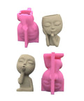 Two Piece Girl Head Planter Molds for Pots made from concrete and silicone, showcasing both mold and finished sculpture for succulents.