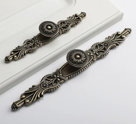 Antique Bronze Cabinet Pulls with Plate, 6.5 Inch Zinc Alloy Handles Set of Six, detailed design on white surface