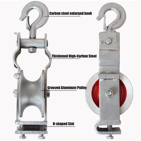 Rugged Heavy Duty Cable Pulley Cast Aluminum Wheel Wear Resistant Sheave Two Fixing Methods Safety Lock Hook