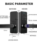 Smooth Operator Keyless Entry Door Lock Featuring Bright Illuminated Touchscreen Keypad And App Remote Unlocking For Hassle Free Smart Home Security Plus Fast Finger Print Scanner And Tough Exterior Deadbolt schematic with measurements.