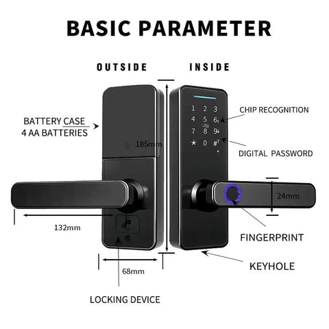 Smooth Operator Keyless Entry Door Lock Featuring Bright Illuminated Touchscreen Keypad And App Remote Unlocking For Hassle Free Smart Home Security Plus Fast Finger Print Scanner And Tough Exterior Deadbolt schematic with measurements.