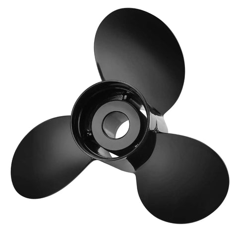 Aluminum Boat Propeller 12 and Three Quarter Inch Diameter 21 Pitch 3 Blades Right Hand Rotation 15 Spline Backup Replacement for Mercury Outboards 40 140HP OEM 48 77348A45 Hub Kits Included. Black finish, overhead view showcasing three blades.