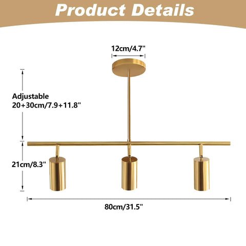 Gold Finish Sleek Linear Pendant Light With Three Adjustable Heads Ceiling Track Spotlight, dimensions shown