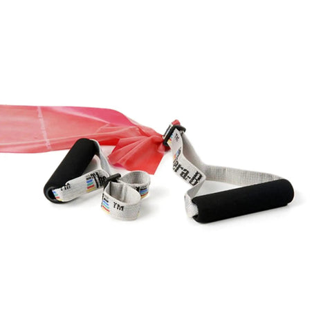 Soft Foam Grip Handles For Resistance Bands And Tubing with ergonomic design and secure buckle, shown in black with attached resistance band.