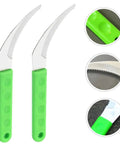 Durable 2 Pack Gardening Scythe Tool For Grass Cutting And Weeding, green handle, serrated steel blade detail, ergonomic grip