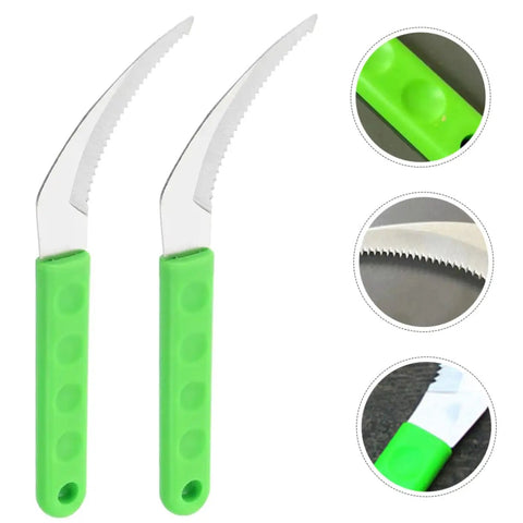 Durable 2 Pack Gardening Scythe Tool For Grass Cutting And Weeding, green handle, serrated steel blade detail, ergonomic grip
