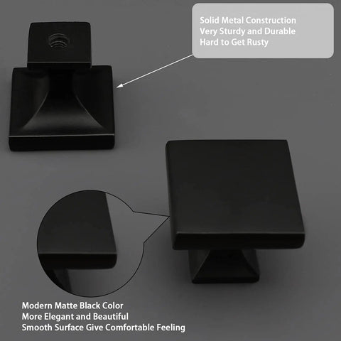 Close-up of Six Pack Black Square Cabinet Knobs From Solid Zinc Alloy For Kitchen Cupboard Dresser And Bathroom One And One Tenth Inch Square Face Three Quarter Inch Projection Easy Fit Replacement Hardware Pulls showcasing matte finish.