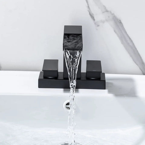 4 Inch Centerset Vanity Sink Faucet With Dual Handle Waterfall Spout Three Hole Basin Mixer Dope Matte Black Finish