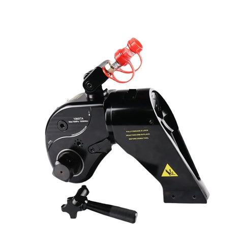 Heavy Gauge Hydraulic Torque Wrench With Slick Uni Swivel Hose And Rugged Alloy Frame For Smooth Precision Bolting In Tight Pits Plus One And A Half Inch Square Drive showing the tool with a red hose fitting.