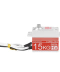 Hardcore 15Kg Digital Steering Servo Built Different Kickin It With A Savage Coreless Brushless Motor And Beefy All Metal Gears For Rc Car Truck Builds In Scarlet, showing side view with connector wire.