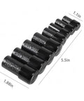 8-Piece Tap Socket Set for 1/4 and 3/8 inch drives, black steel construction, shown in a line with measurement annotations.
