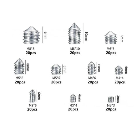 200 Piece M3 To M8 Cone Point Set Screws Kit 304 Stainless Steel Internal Hex Allen Head Grub Screws Hex Socket Fasteners
