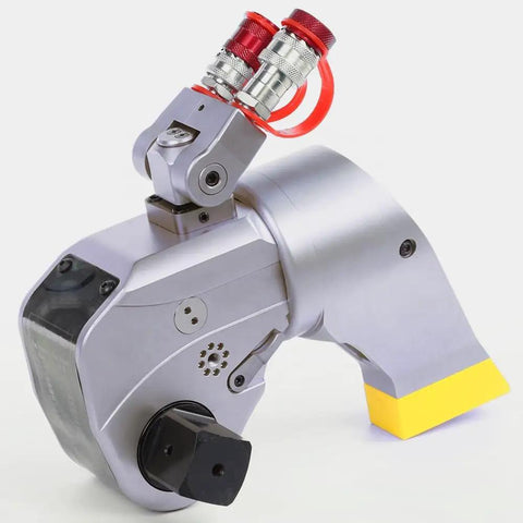 Rock Solid Hydraulic Torque Wrench Featuring Square Drive And Anti Corrosion Alloy Construction Designed For Fast Operation Cycles And Serious Torsional Strength On Every Job Site, silver with black square drive.
