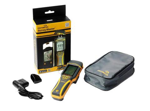 SurveyMaster Dual Function Moisture Meter with pin, non-invasive modes, display, case, charger, packaging visible