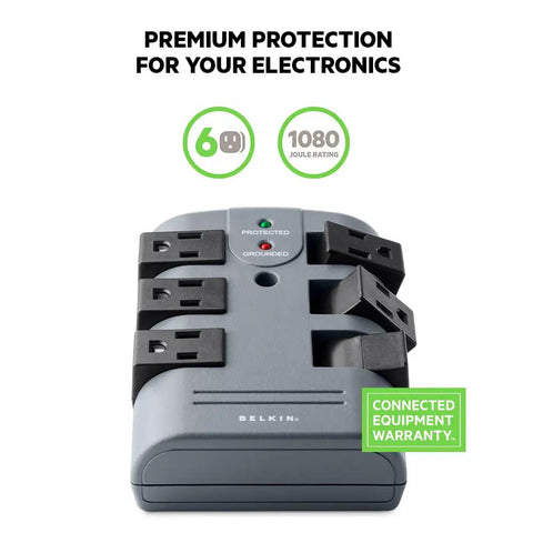 Six Outlet Pivot Plug Surge Protector With Wall Mount For Desk Setup Charge Phones Laptops Printers And Small Appliances 1080 Joules Pack Of Five Ideal For Home Office Dorm And Student Desktops, showing six rotating outlets and 1080 joule rating.