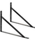 Two black steel brackets from Beefy Heavy Duty Shelf Brackets Set 10 Pack Black Powder Coat Steel 10 By 16 Inches Pre Drilled One Quarter Inch Holes
