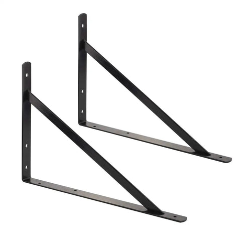 Two black steel brackets from Beefy Heavy Duty Shelf Brackets Set 10 Pack Black Powder Coat Steel 10 By 16 Inches Pre Drilled One Quarter Inch Holes