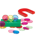 Colorful magnets and chips from Magnetic Science Kit For Kids Ages 8 Plus With 33 STEM Experiments to learn about Earth's magnetic poles.