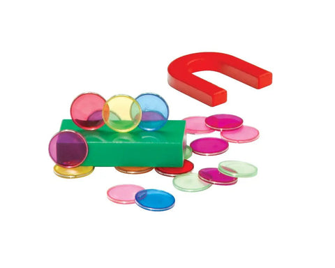 Colorful magnets and chips from Magnetic Science Kit For Kids Ages 8 Plus With 33 STEM Experiments to learn about Earth's magnetic poles.