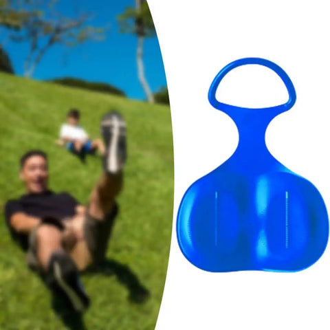 Man sliding on grass with Heavy Duty Snow Sled For Winter Fun And Family Thrills, Large Luge Board For Snow Sand Grass Sliding shown in blue.