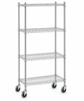 Heavy Duty Wire Shelving Kit With Four Nsf Certified Chrome Shelves And Seventy Two Inch Knock Down Posts, rolling commercial storage rack.