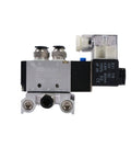 Close-up of 4V210-08 Beefed-Up Four Valve Pneumatic Solenoid Assembly One Quarter Inch NPT Two Position Five Way Valve Block With Base Mount