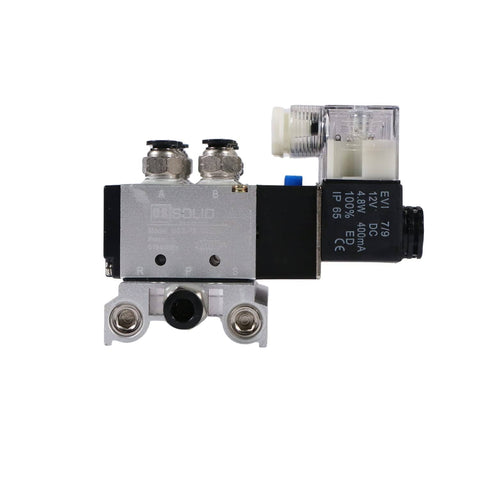 Close-up of 4V210-08 Beefed-Up Four Valve Pneumatic Solenoid Assembly One Quarter Inch NPT Two Position Five Way Valve Block With Base Mount