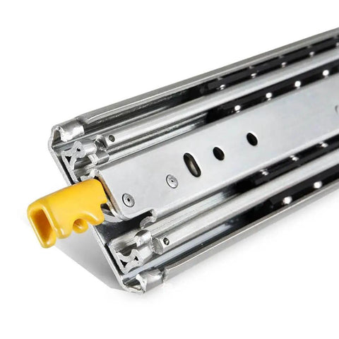 Heavy Duty Full Extension Drawer Slides Tough As Nails Ball Bearing Runners close-up view highlighting the yellow release lever.